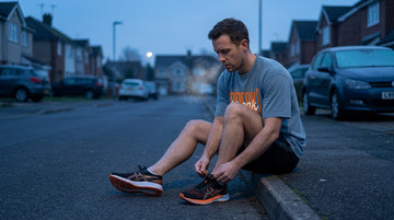 Man in his late thirties wearing a dark t-shirt lacing his running shoes on a suburban curb at dawn.