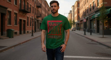 A man in a Bronx Urban City tee walks down a city street at golden hour past brick buildings and a corner deli, hands in pockets.