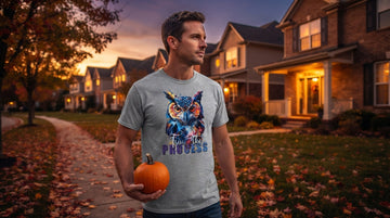 Man in a heather grey owl tee carries a small pumpkin along a leaf-covered suburban sidewalk at dusk.