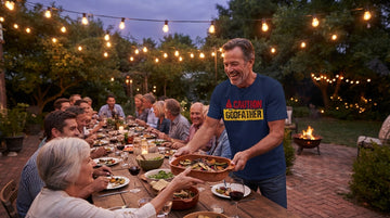 A person in a Caution Godfather tee passes a dish at a dusk backyard dinner under string lights.