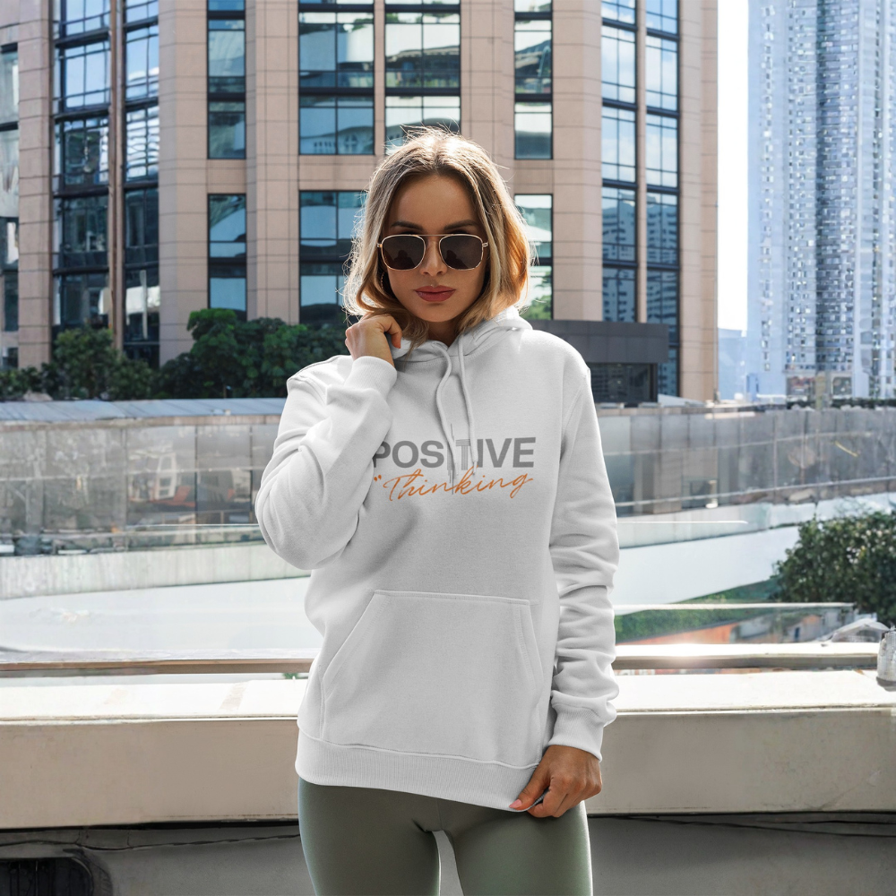 "Positive Thinking" Modern Typography Graphic Pullover, Orange Script Design - Colorizeyou Unisex Hoodie