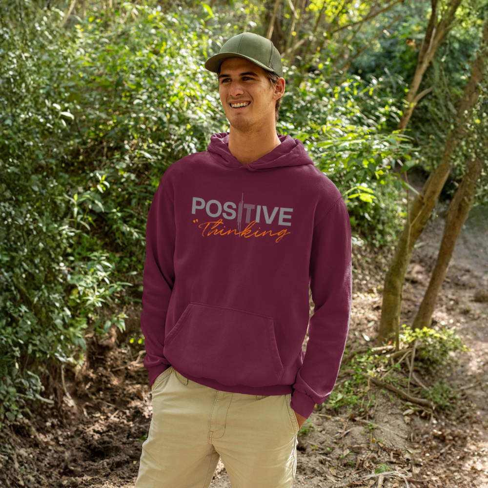 "Positive Thinking" Modern Typography Graphic Pullover, Orange Script Design - Colorizeyou Unisex Hoodie