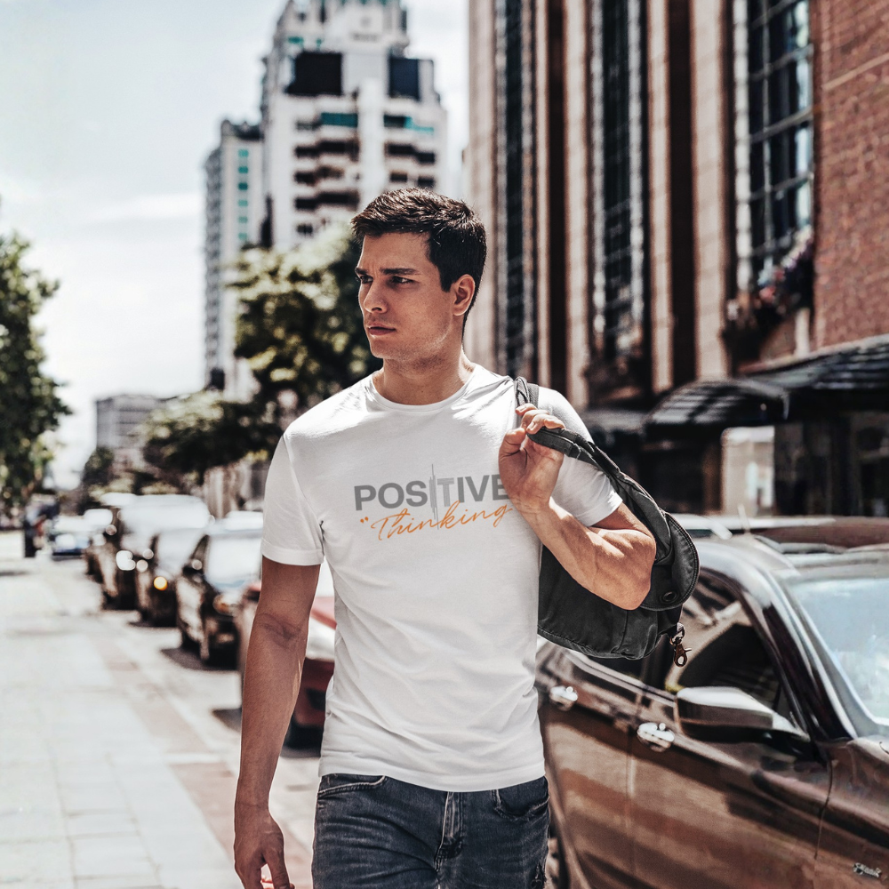 "Positive Thinking" Modern Typography Graphic Tee, Orange Script Design - Colorizeyou Unisex T-Shirt