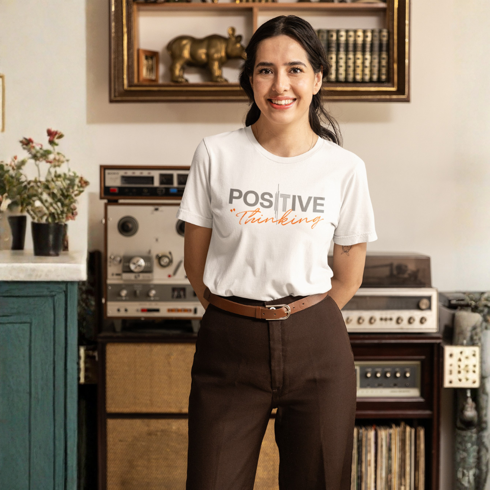 "Positive Thinking" Modern Typography Graphic Tee, Orange Script Design - Colorizeyou Unisex T-Shirt