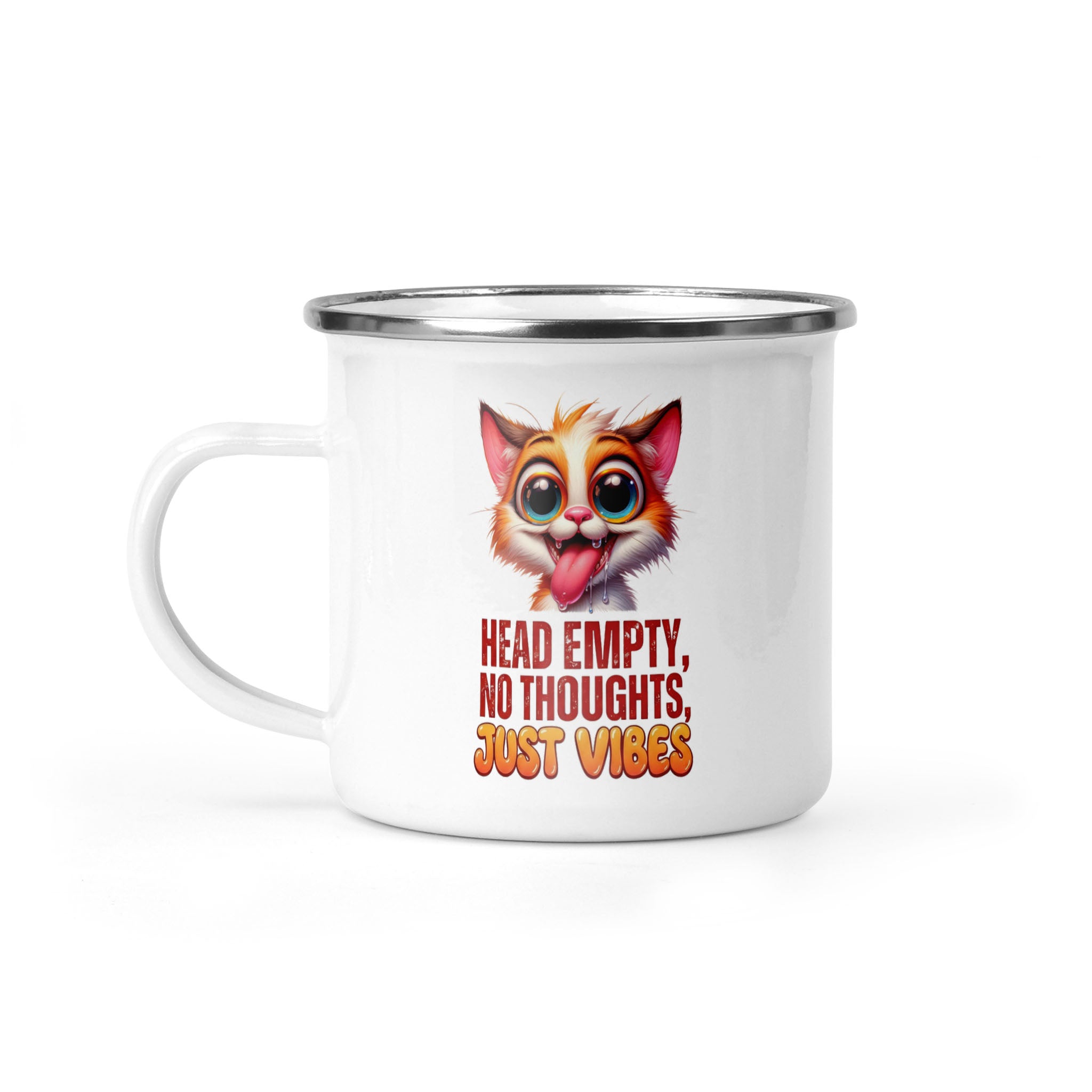 Head Empty No Thoughts Just Vibes - Cat 12oz Enamel Camping Mug - Funny Cat Mug