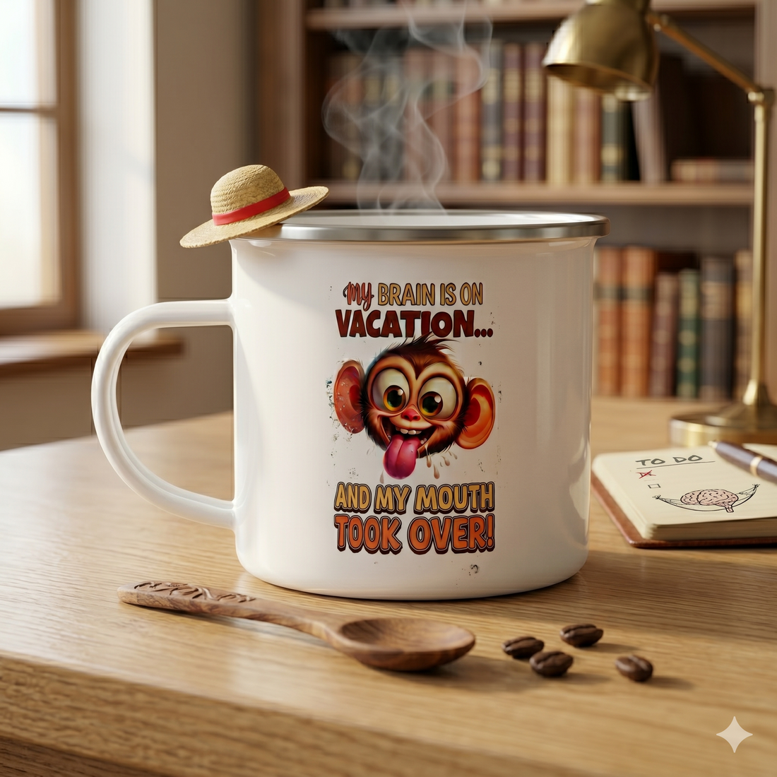 My Brain Is On Vacation - Monkey 12oz Enamel Camping Mug - Funny Animal Mug