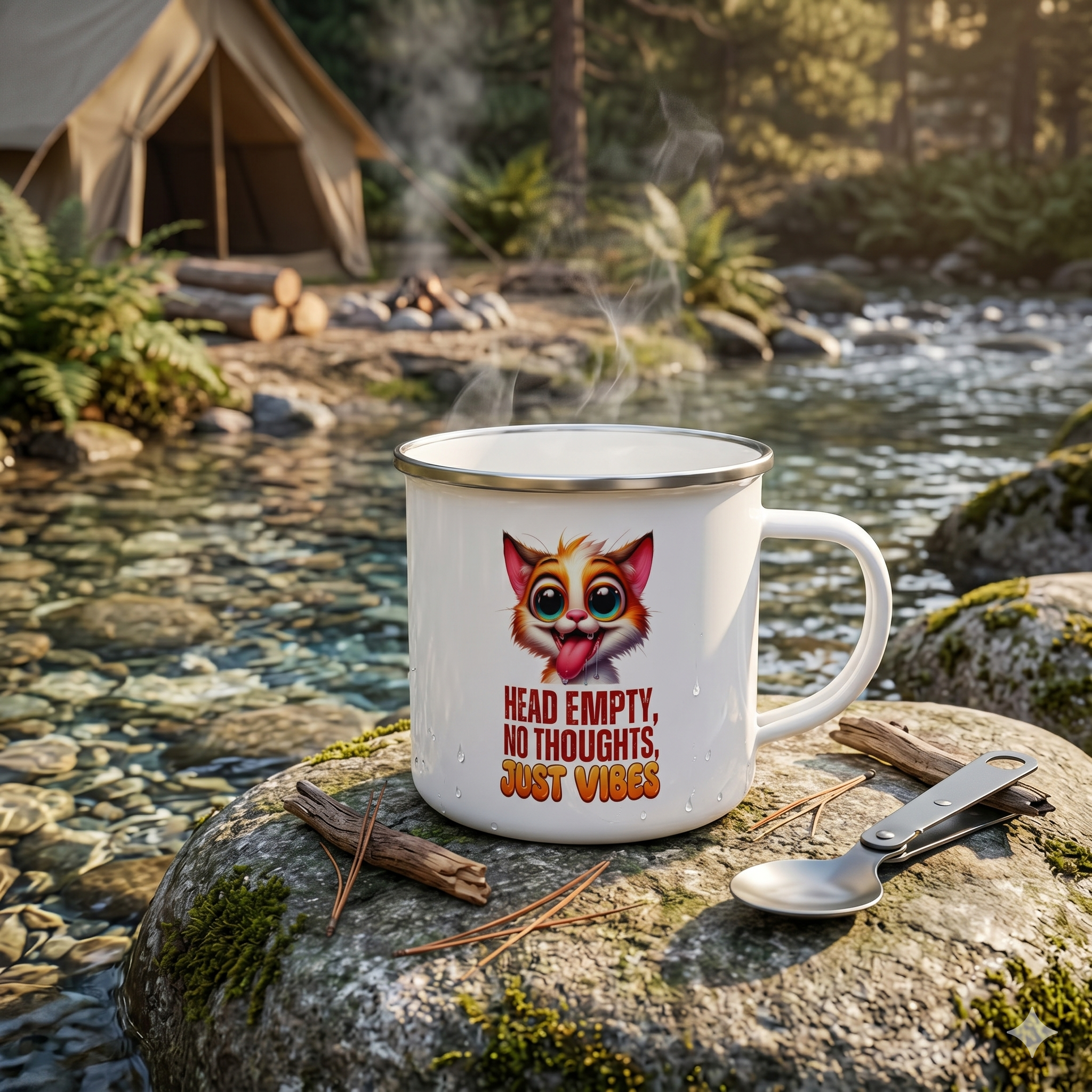 Head Empty No Thoughts Just Vibes - Cat 12oz Enamel Camping Mug - Funny Cat Mug