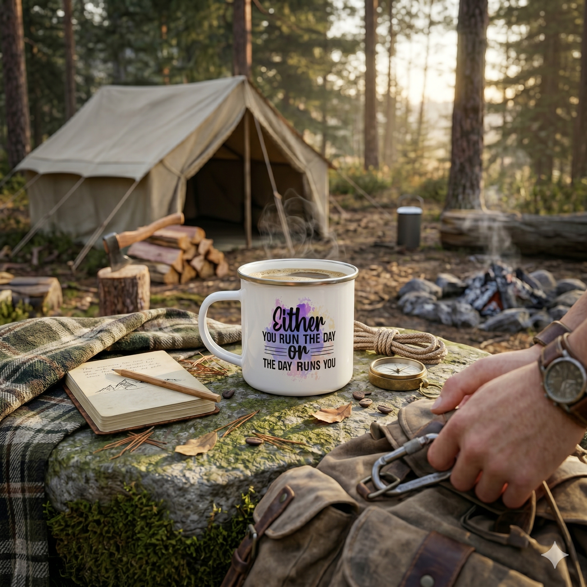 Either You Run The Day Or The Day Runs You - 12oz Enamel Camping Mug - Motivation Mug