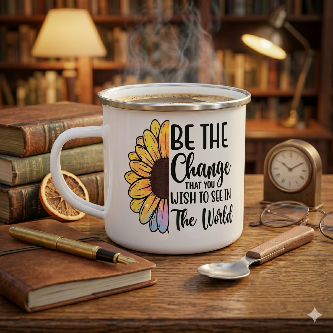 Be The Change That You Wish To See In The World - Sunflower 12oz Enamel Camping Mug - Inspirational Mug