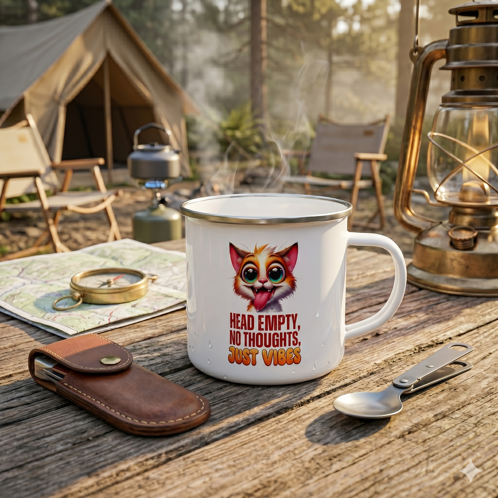 Head Empty No Thoughts Just Vibes - Cat 12oz Enamel Camping Mug - Funny Cat Mug