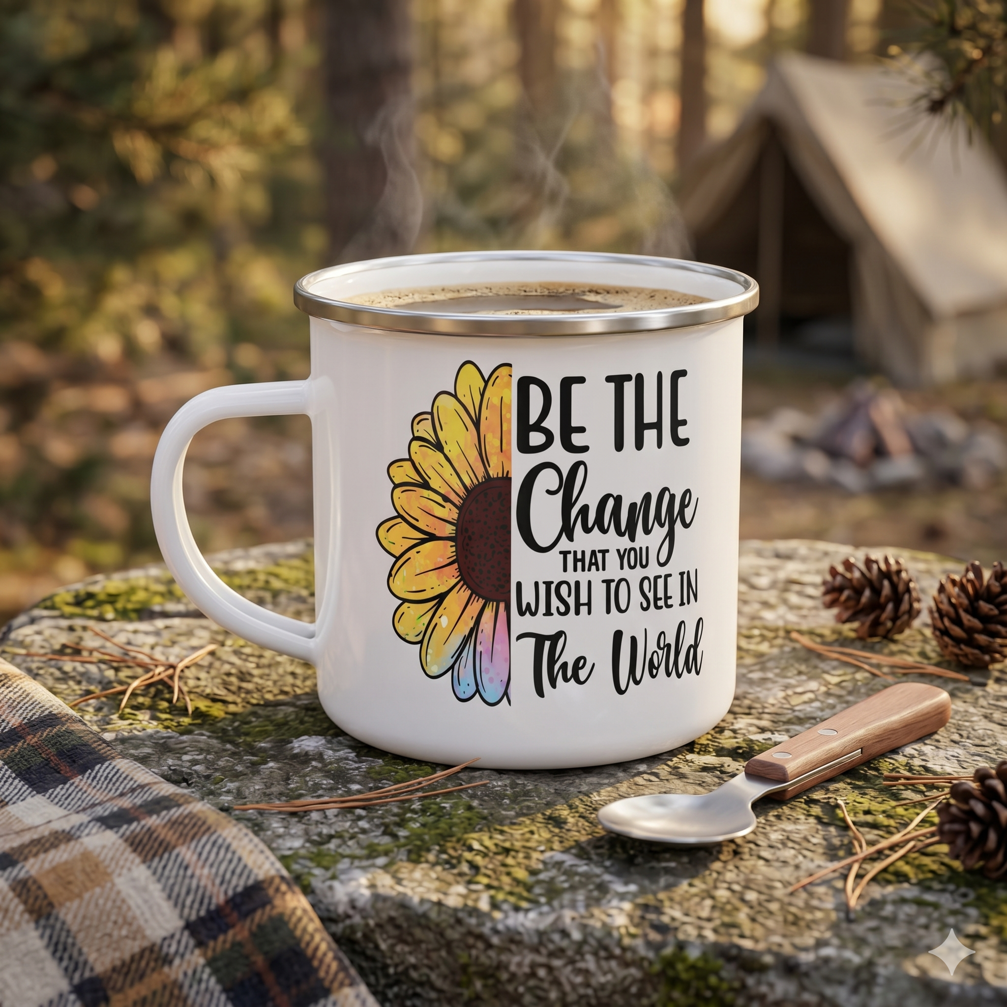 Be The Change That You Wish To See In The World - Sunflower 12oz Enamel Camping Mug - Inspirational Mug