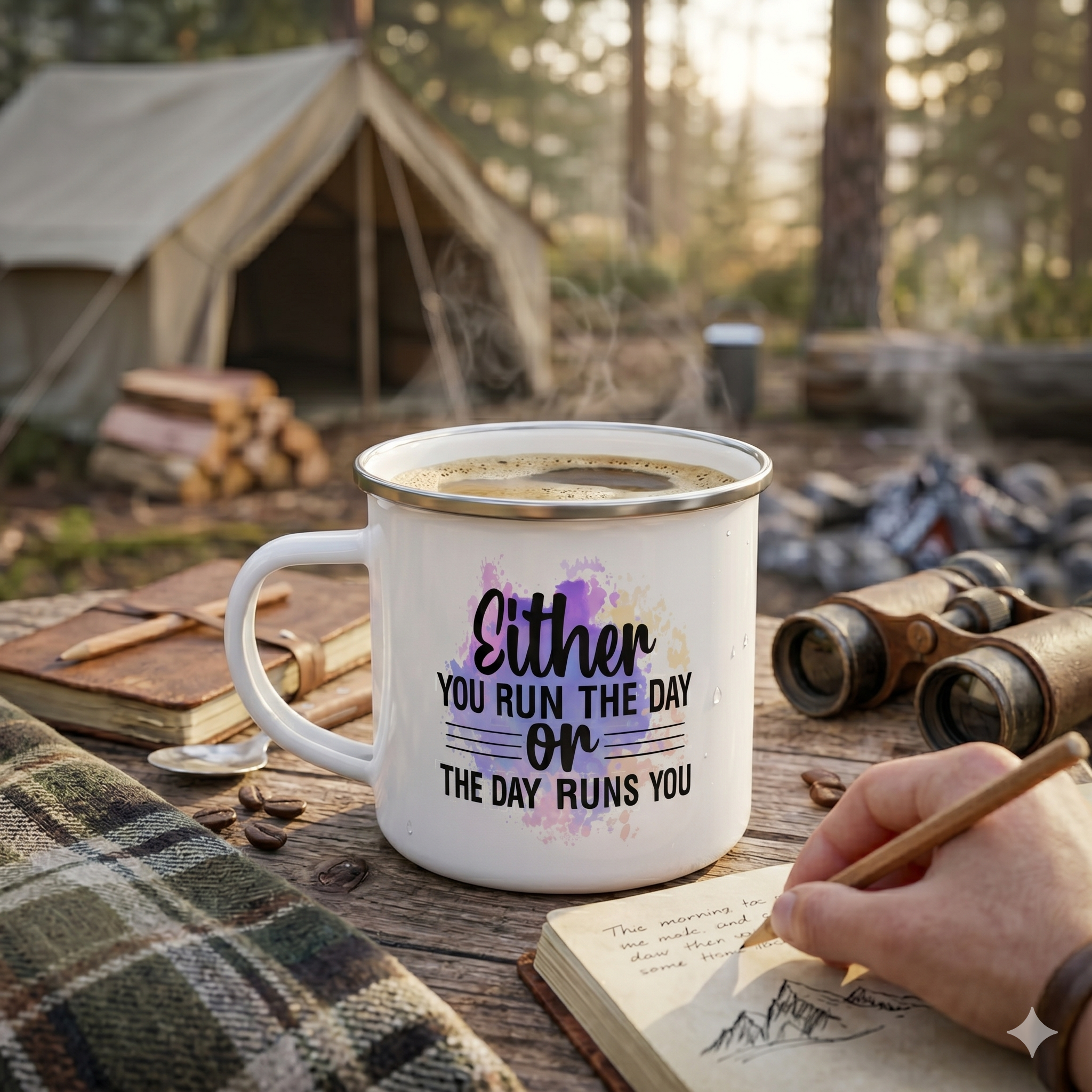 Either You Run The Day Or The Day Runs You - 12oz Enamel Camping Mug - Motivation Mug