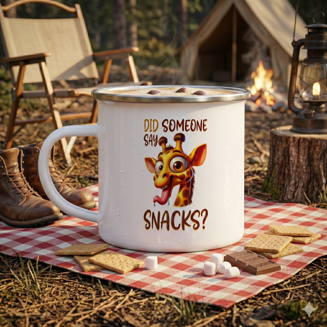 Did Someone Say Snacks? - Giraffe 12oz Enamel Camping Mug - Funny Animal Mug