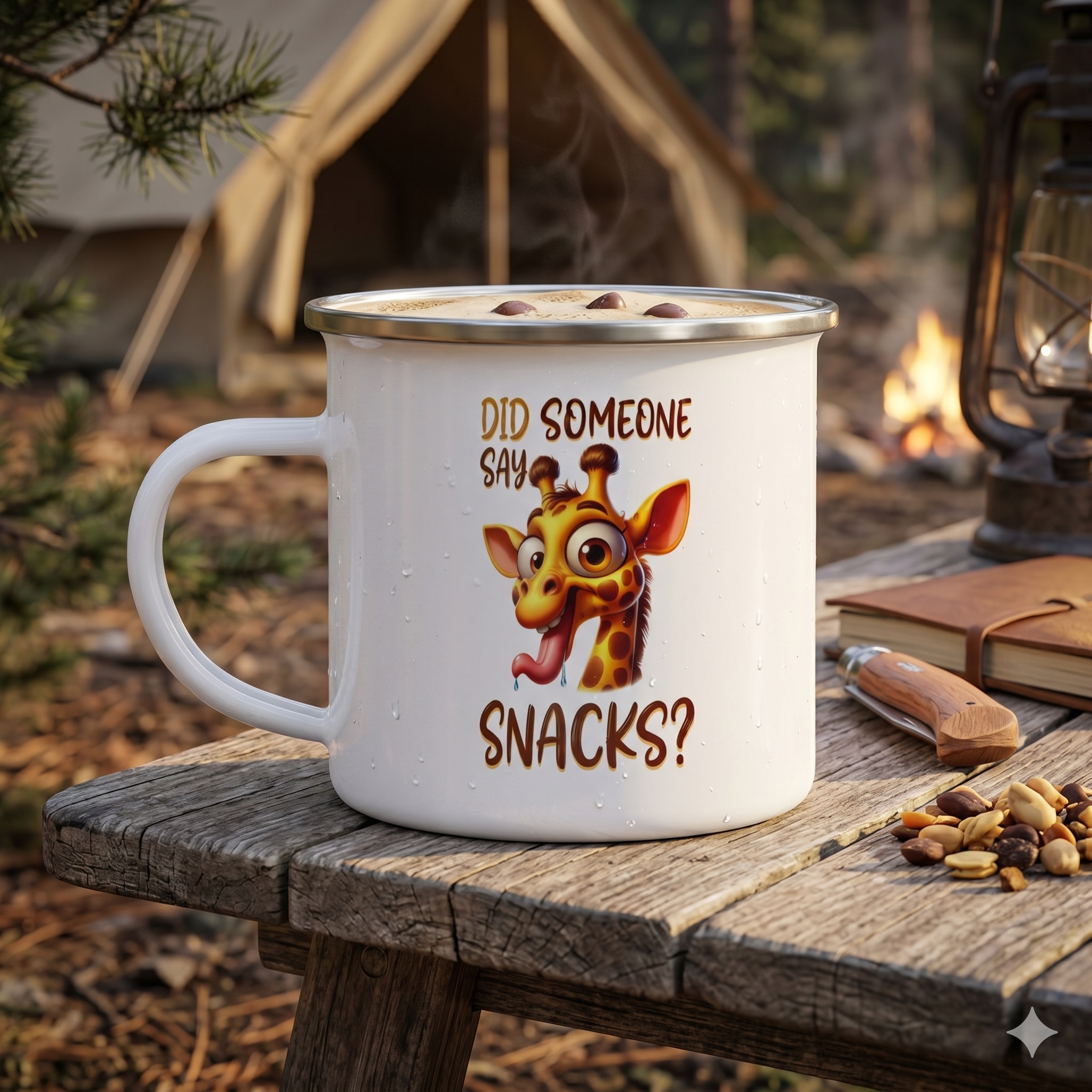 Did Someone Say Snacks? - Giraffe 12oz Enamel Camping Mug - Funny Animal Mug