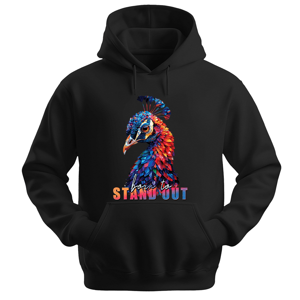 Born To Stand Out - Peacock Unisex Hoodie - Statement Hoodie - Unisex Hoodie | Gildan 18500 - Black. - S
