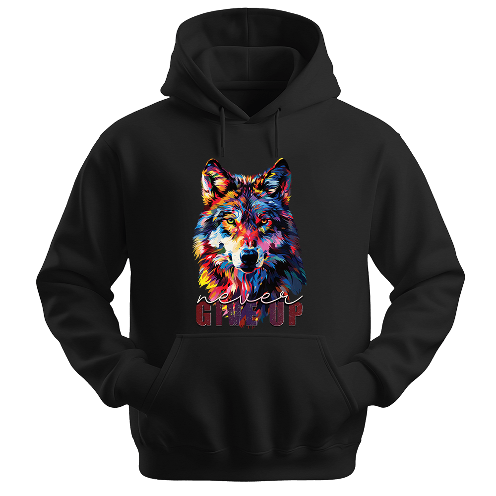 Never Give Up - Wolf Unisex Hoodie - Inspirational Apparel - Unisex Hoodie | Gildan 18500 - Black. - S