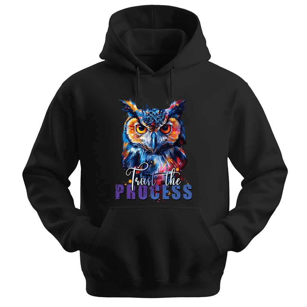 Trust The Process - Owl Unisex Hoodie - Message Hoodie - Unisex Hoodie | Gildan 18500 - Black. - S
