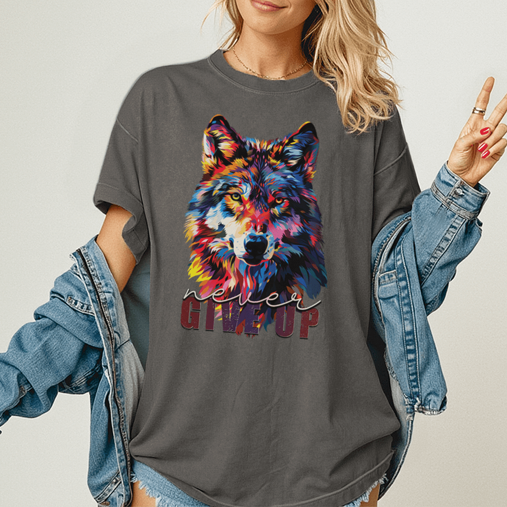 Never Give Up - Wolf Unisex T-Shirt - Inspirational Apparel - Premium (C1717) - Blossom - S