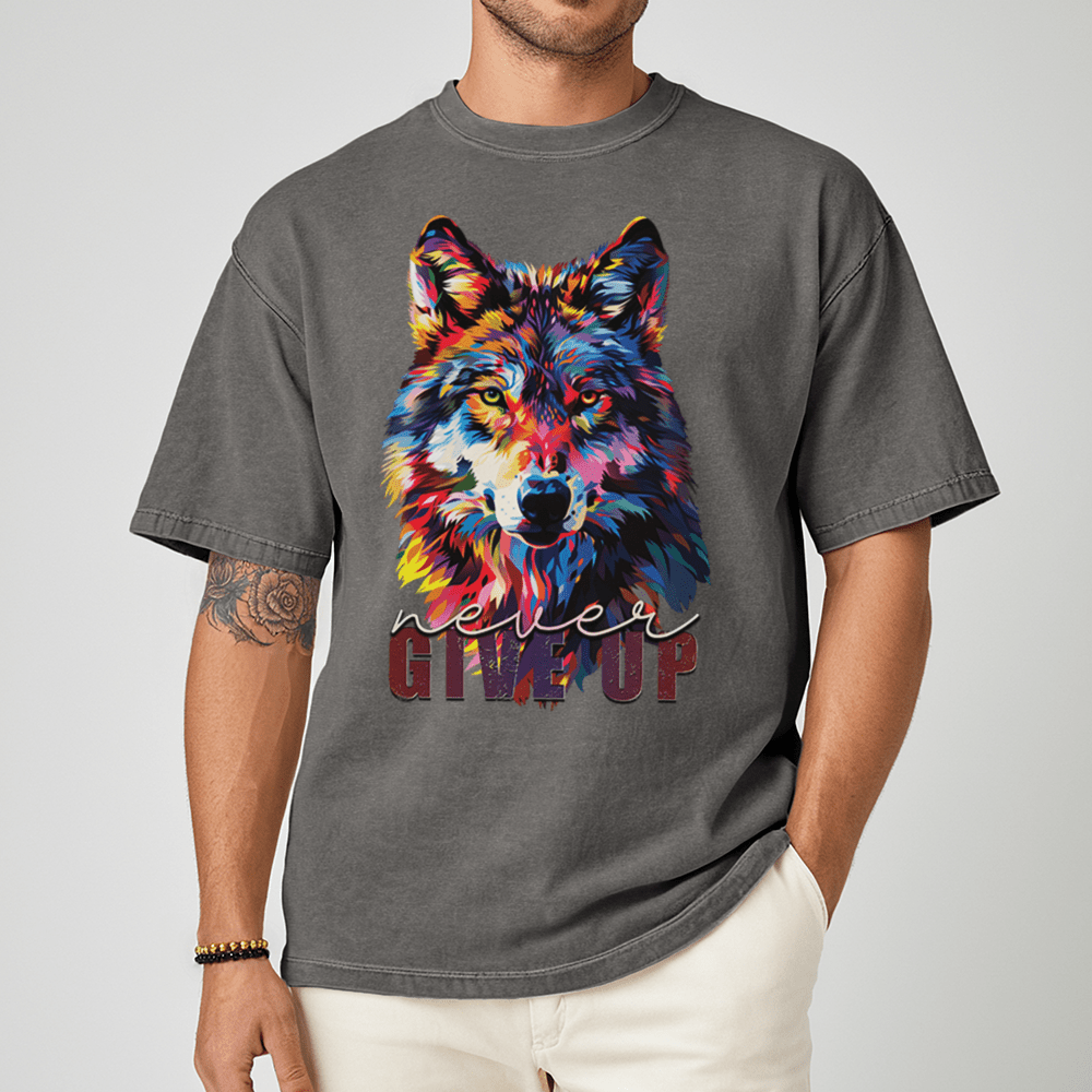 Never Give Up - Wolf Unisex T-Shirt - Inspirational Apparel - Premium (C1717) - Blossom - S