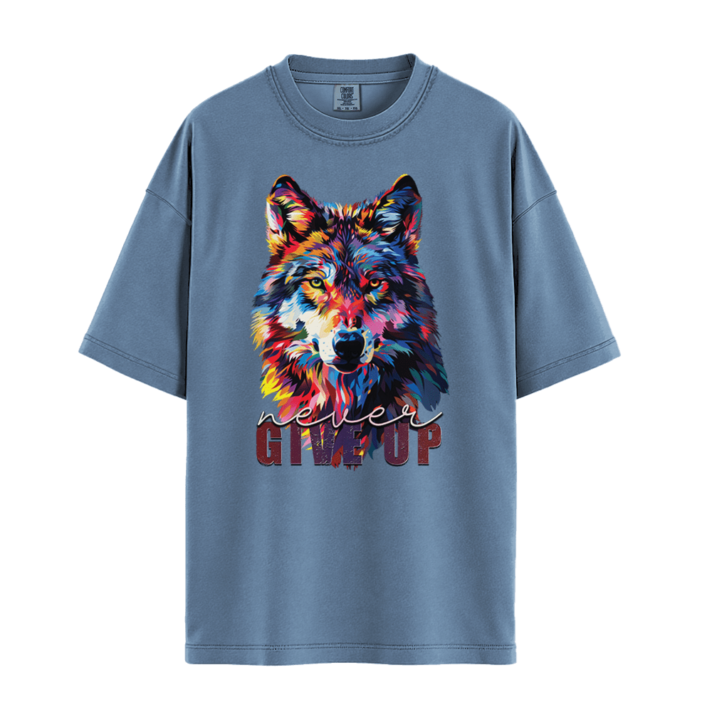 Never Give Up - Wolf Unisex T-Shirt Premium Comfort Colors - Blue Jean