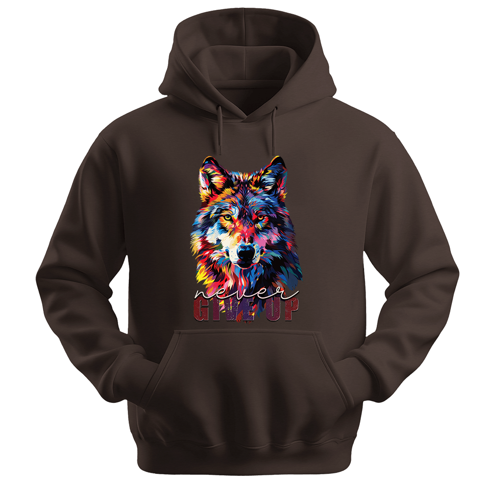 Never Give Up - Wolf Unisex Hoodie - Inspirational Apparel - Unisex Hoodie | Gildan 18500 - Dark Chocolate. - S