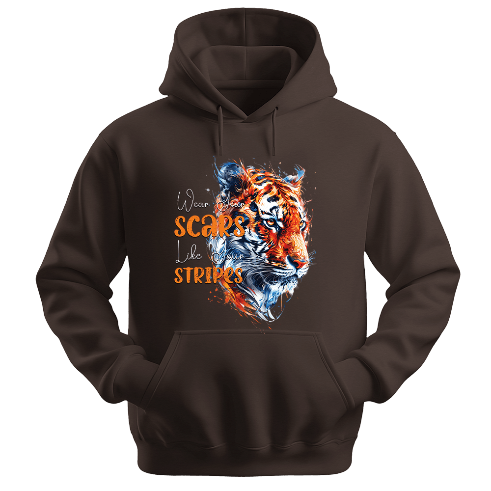 Wear Your Scars Like Your Stripes - Tiger Unisex Hoodie - Statement Hoodie - Unisex Hoodie | Gildan 18500 - Dark Chocolate. - S