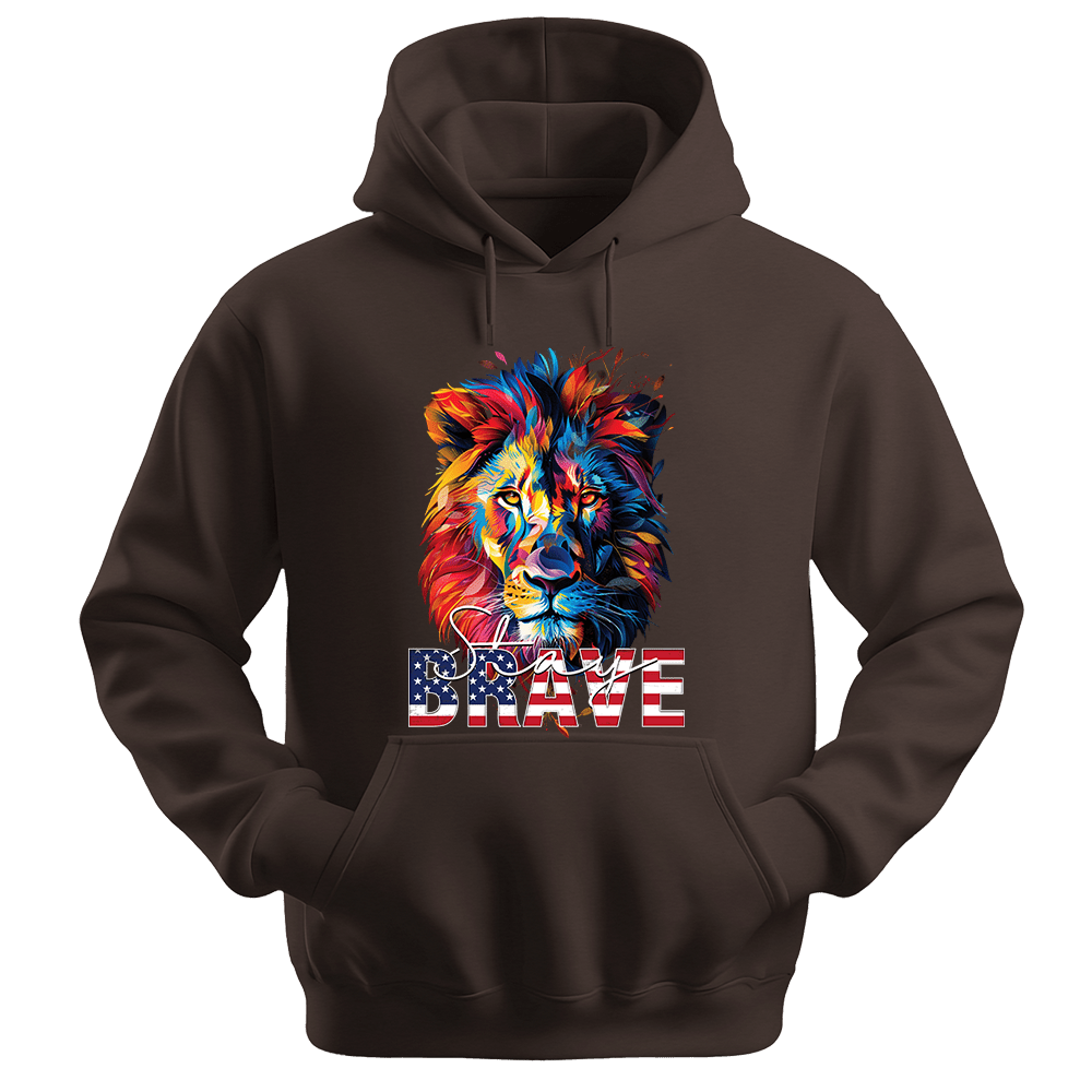 Stay Brave - Lion Unisex Hoodie - Statement Hoodie - Unisex Hoodie | Gildan 18500 - Dark Chocolate. - S