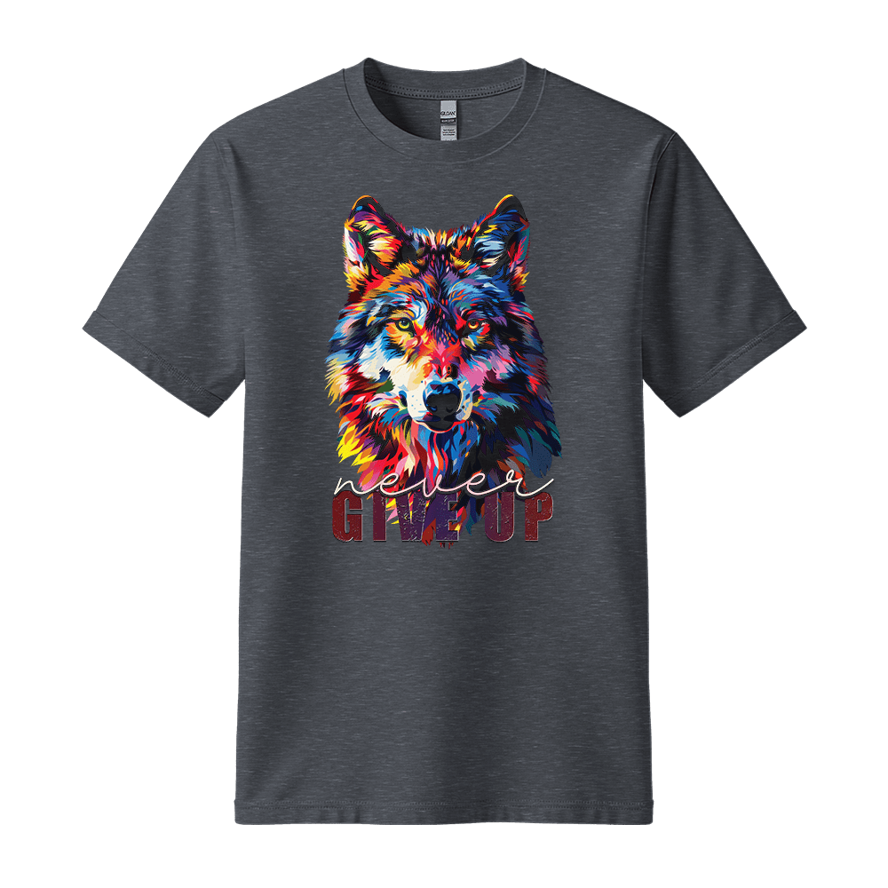 Never Give Up - Wolf Unisex T-Shirt - Inspirational Apparel - Standard (G5000) - Dark Heather - S