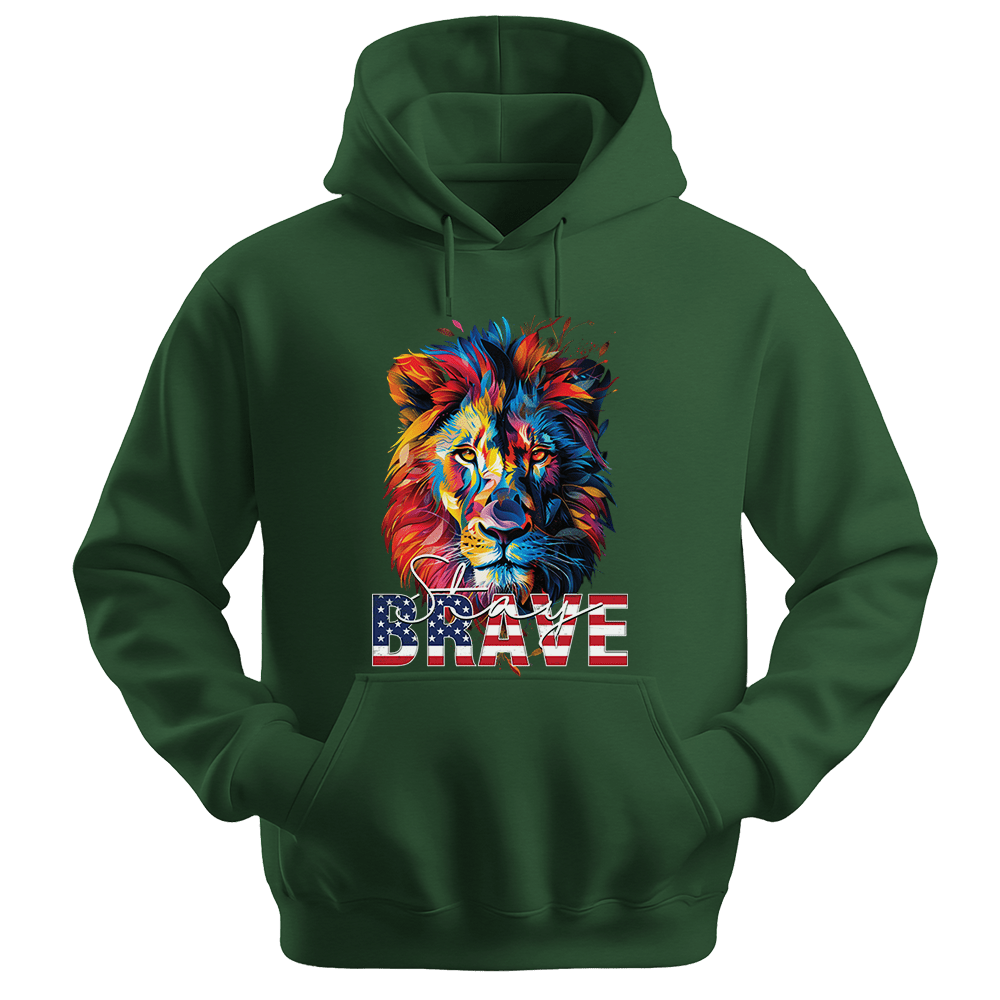 Stay Brave - Lion Unisex Hoodie - Statement Hoodie - Unisex Hoodie | Gildan 18500 - Forest Green. - S
