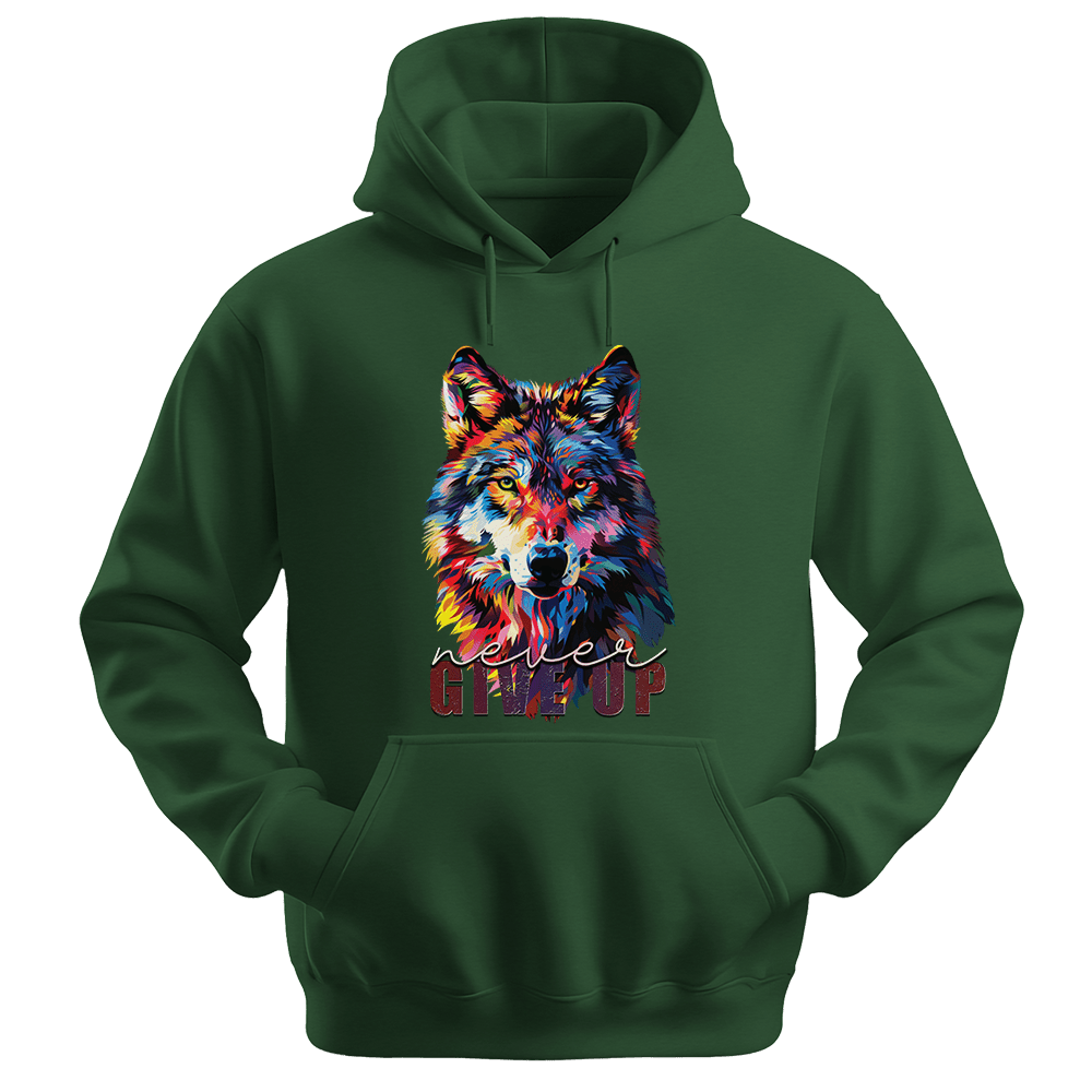 Never Give Up - Wolf Unisex Hoodie - Inspirational Apparel - Unisex Hoodie | Gildan 18500 - Forest Green. - S