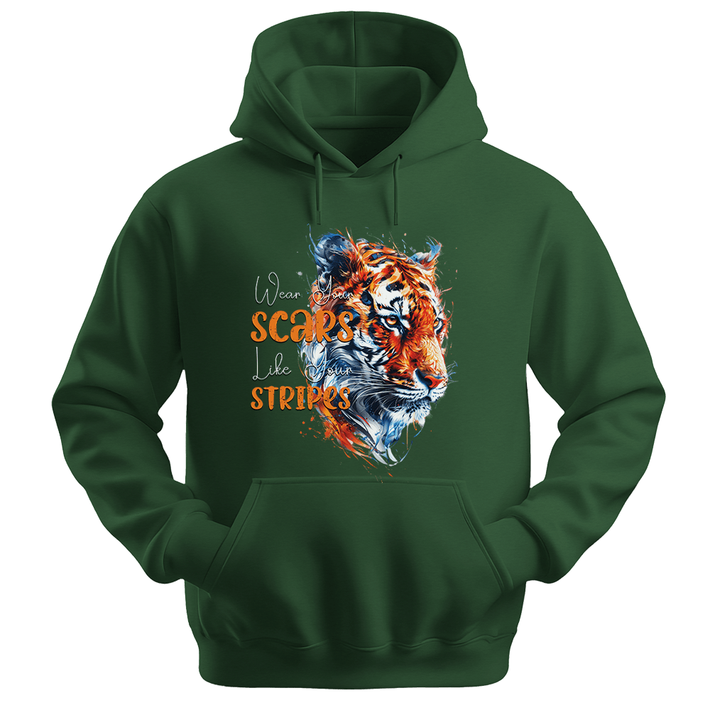 Wear Your Scars Like Your Stripes - Tiger Unisex Hoodie - Statement Hoodie - Unisex Hoodie | Gildan 18500 - Forest Green. - S