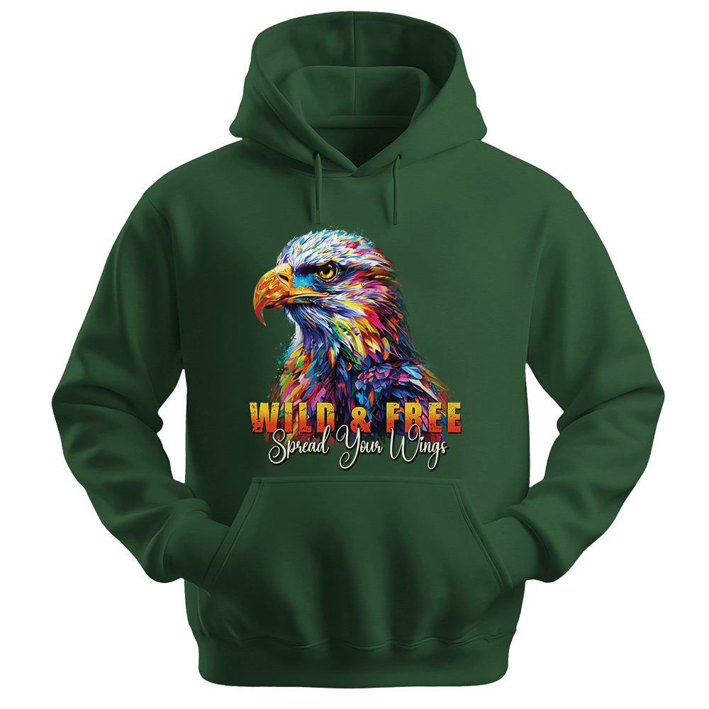 Wild & Free Spread Your Wings - Eagle Unisex Hoodie - Inspirational Apparel - Unisex Hoodie | Gildan 18500 - Forest Green. - S