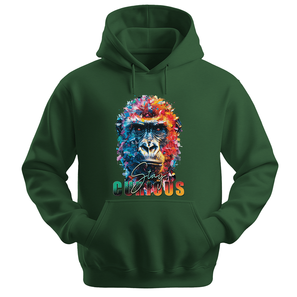 Stay Curious - Gorilla Unisex Hoodie - Positive Hoodie - Unisex Hoodie | Gildan 18500 - Forest Green. - S
