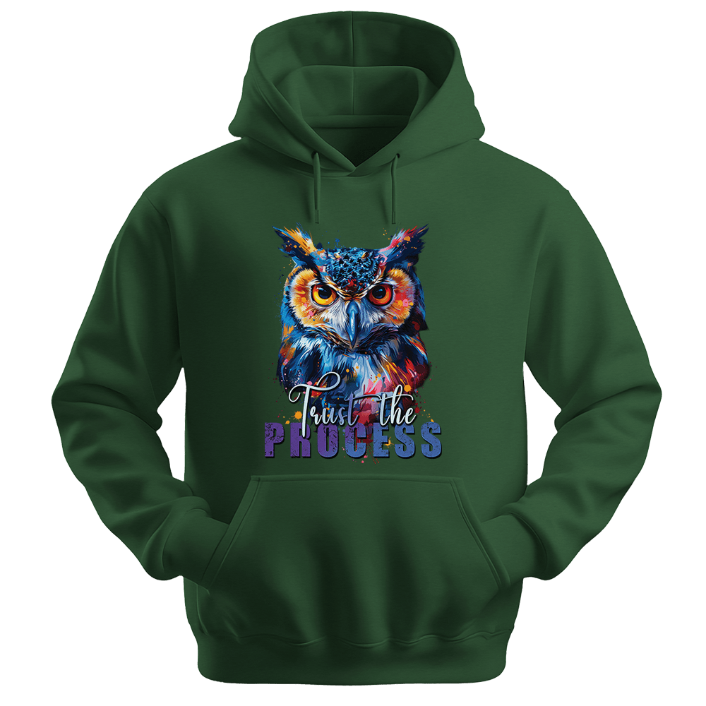 Trust The Process - Owl Unisex Hoodie - Message Hoodie - Unisex Hoodie | Gildan 18500 - Forest Green. - S