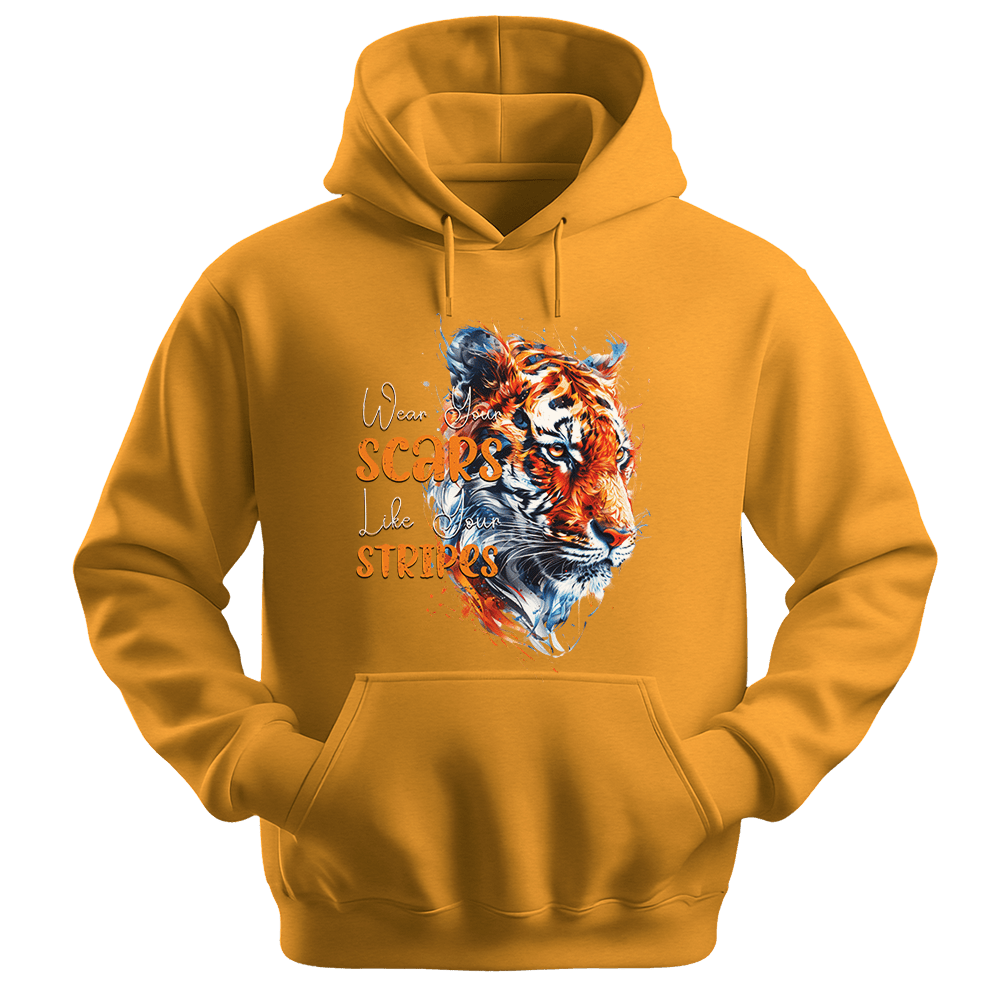 Wear Your Scars Like Your Stripes - Tiger Unisex Hoodie - Statement Hoodie - Unisex Hoodie | Gildan 18500 - Gold. - S