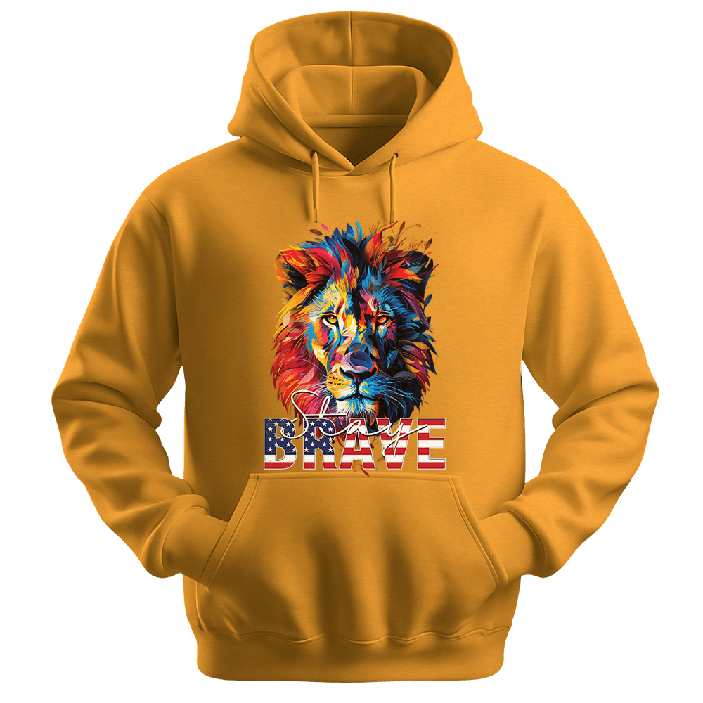 Stay Brave - Lion Unisex Hoodie - Statement Hoodie - Unisex Hoodie | Gildan 18500 - Gold. - S