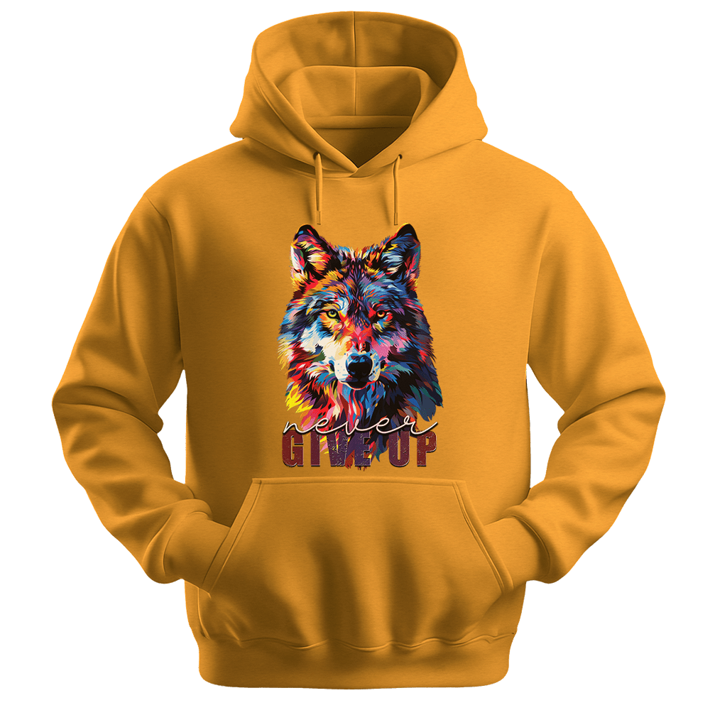 Never Give Up - Wolf Unisex Hoodie - Inspirational Apparel - Unisex Hoodie | Gildan 18500 - Gold. - S