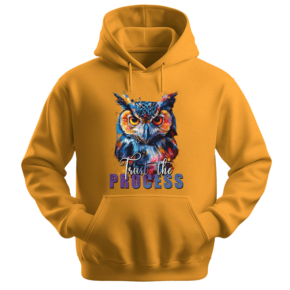 Trust The Process - Owl Unisex Hoodie - Message Hoodie - Unisex Hoodie | Gildan 18500 - Gold. - S