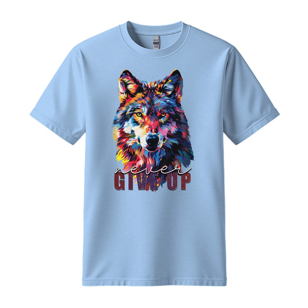Never Give Up - Wolf Unisex T-Shirt - Inspirational Apparel - Standard (G5000) - Light Blue - S