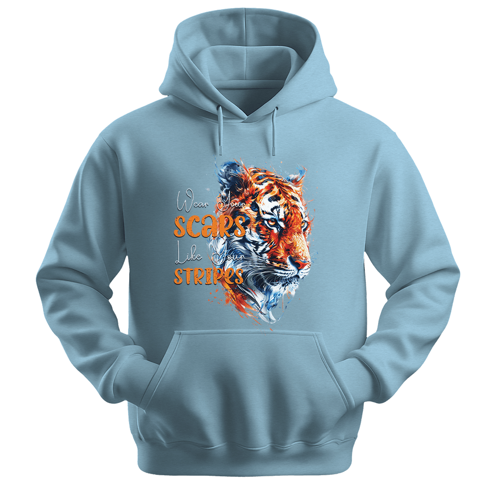 Wear Your Scars Like Your Stripes - Tiger Unisex Hoodie - Statement Hoodie - Unisex Hoodie | Gildan 18500 - Light Blue. - S