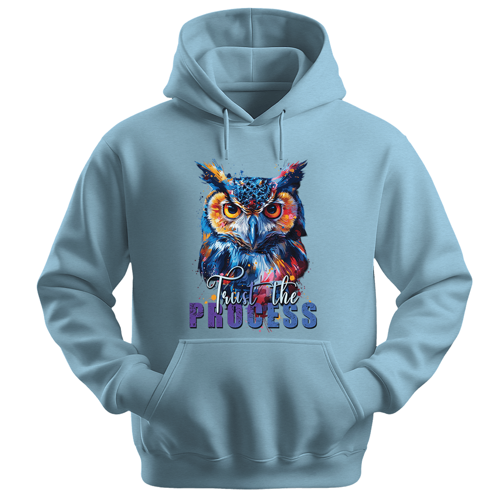 Trust The Process - Owl Unisex Hoodie - Message Hoodie - Unisex Hoodie | Gildan 18500 - Light Blue. - S