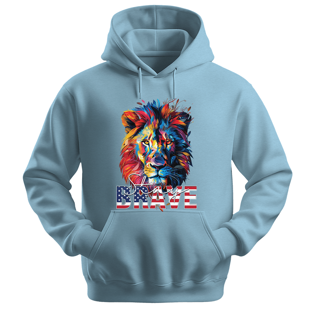 Stay Brave - Lion Unisex Hoodie - Statement Hoodie - Unisex Hoodie | Gildan 18500 - Light Blue. - S