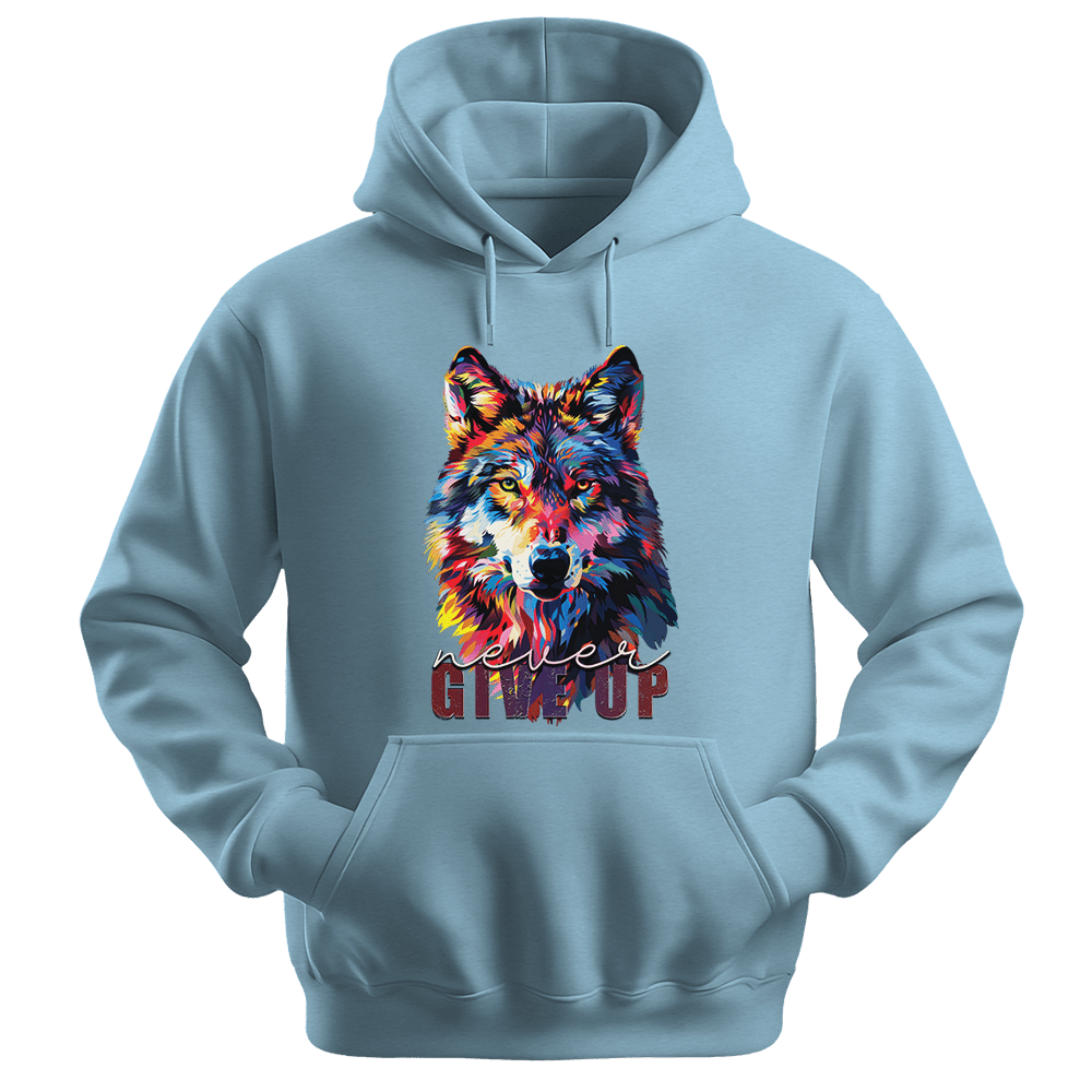 Never Give Up - Wolf Unisex Hoodie - Inspirational Apparel - Unisex Hoodie | Gildan 18500 - Light Blue. - S