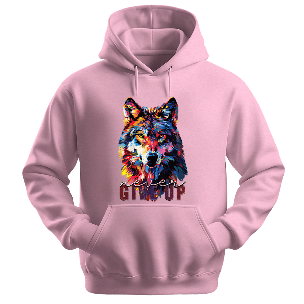 Never Give Up - Wolf Unisex Hoodie - Inspirational Apparel - Unisex Hoodie | Gildan 18500 - Light Pink. - S