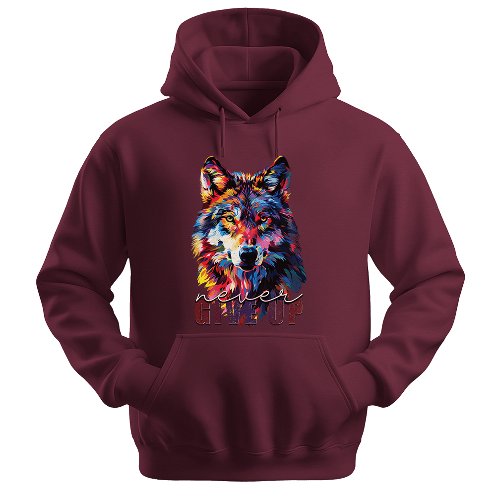 Never Give Up - Wolf Unisex Hoodie - Inspirational Apparel - Unisex Hoodie | Gildan 18500 - Maroon. - S