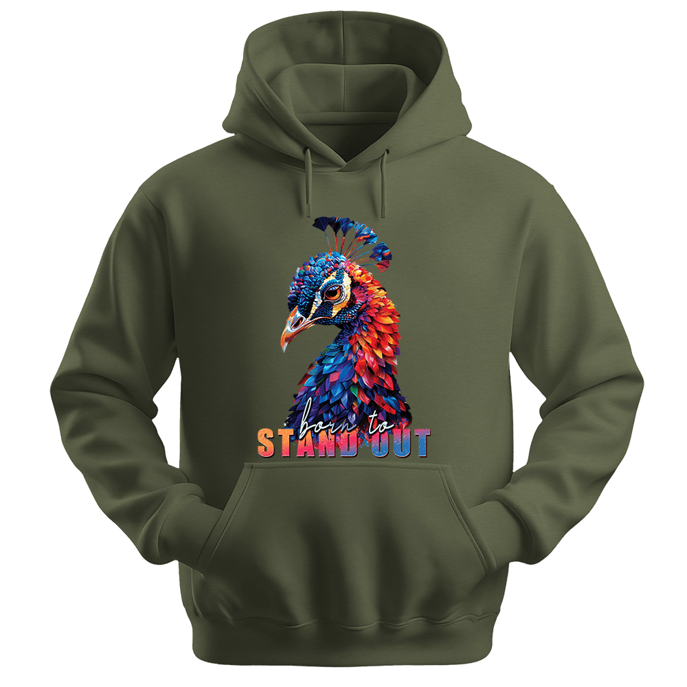 Born To Stand Out - Peacock Unisex Hoodie - Statement Hoodie - Unisex Hoodie | Gildan 18500 - Military Green. - S