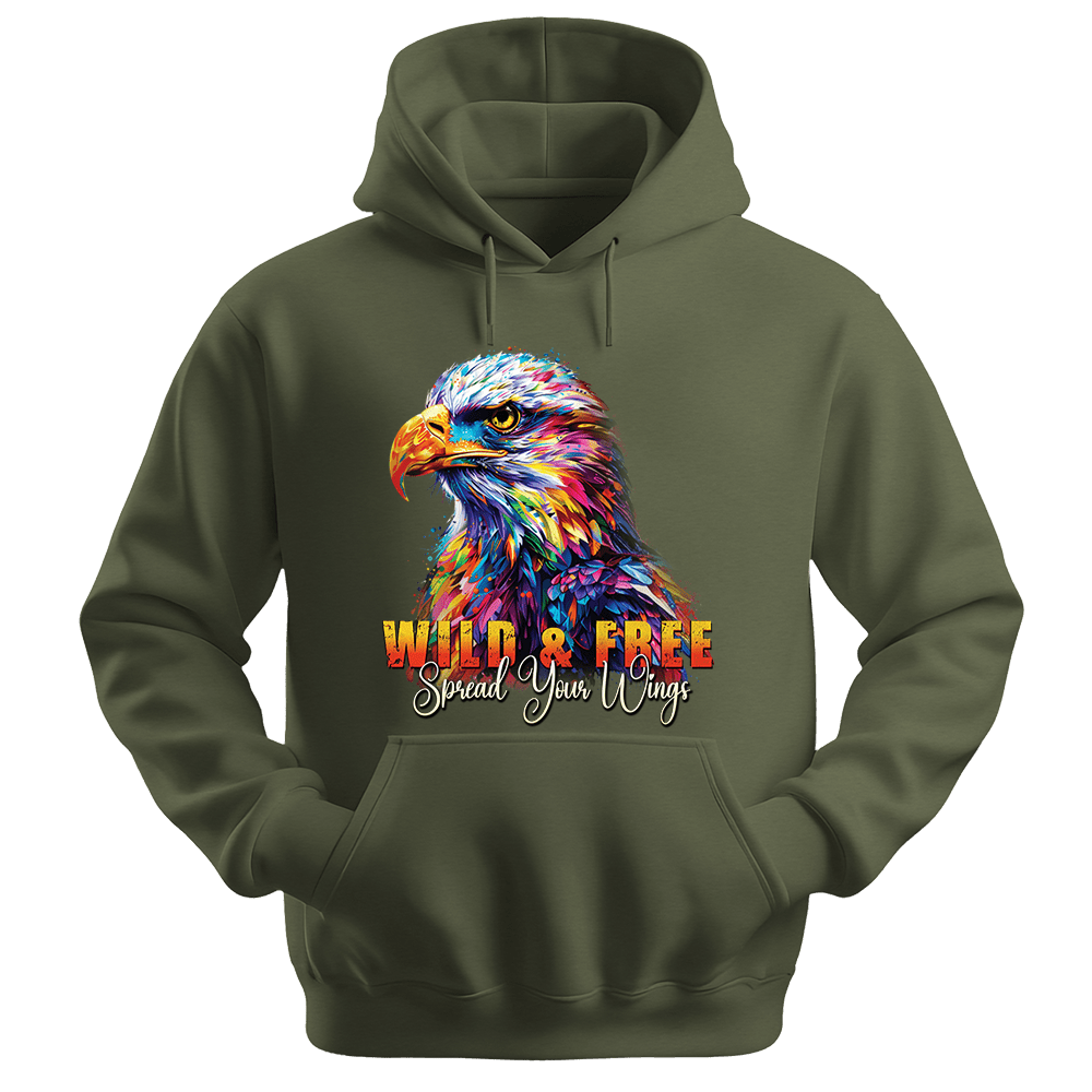 Wild & Free Spread Your Wings - Eagle Unisex Hoodie - Inspirational Apparel - Unisex Hoodie | Gildan 18500 - Military Green. - S