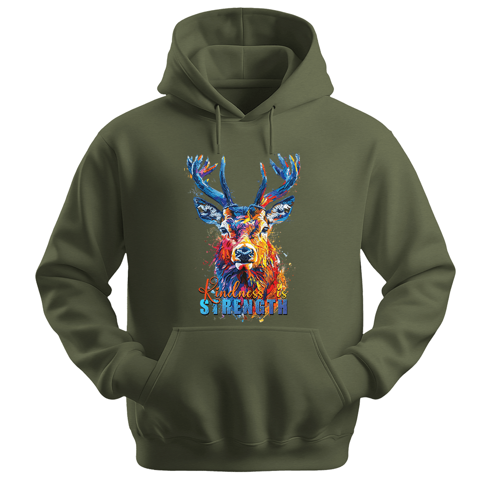 Kindness Is Strength - Deer Unisex Hoodie - Positive Hoodie - Unisex Hoodie | Gildan 18500 - Military Green. - S