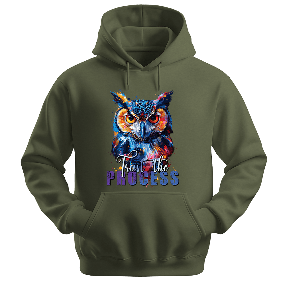 Trust The Process - Owl Unisex Hoodie - Message Hoodie - Unisex Hoodie | Gildan 18500 - Military Green. - S