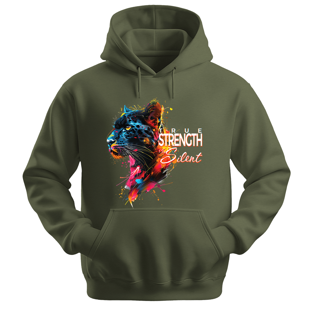 True Strength Is Silent - Panther Unisex Hoodie - Statement Hoodie - Unisex Hoodie | Gildan 18500 - Military Green. - S